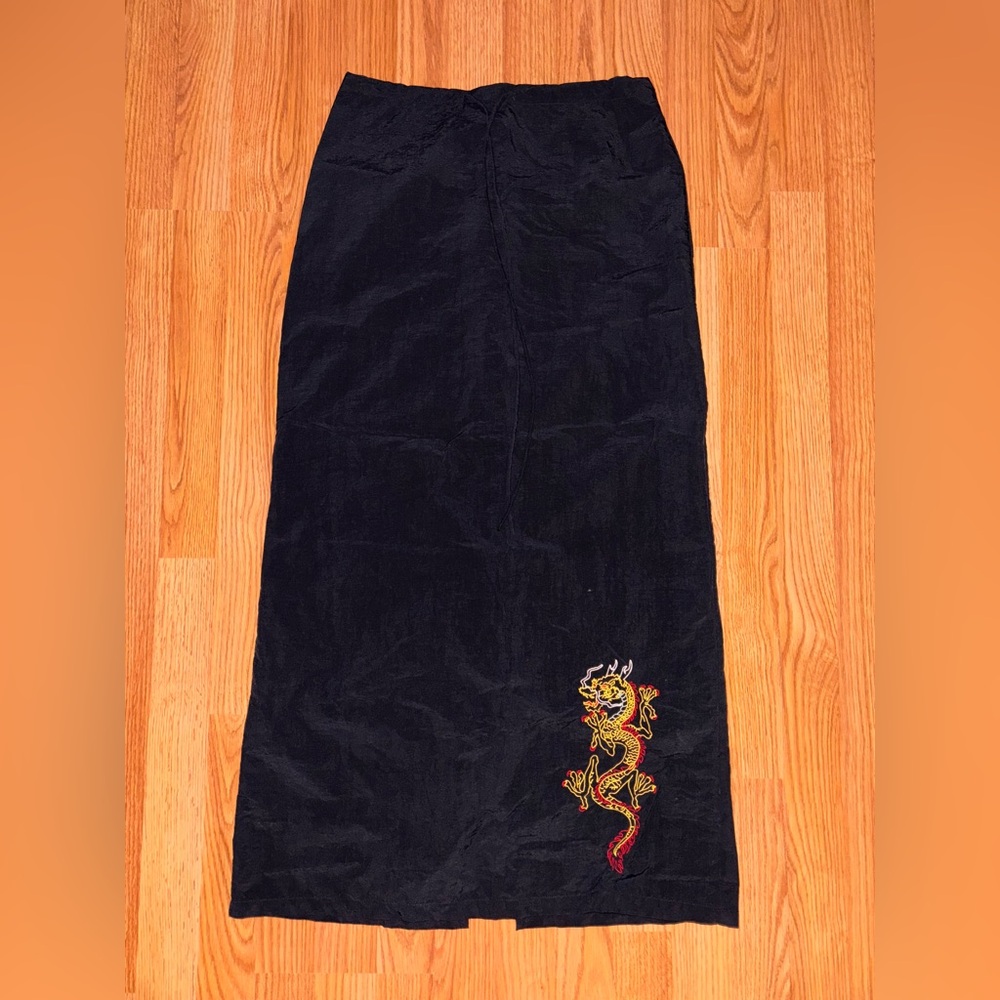 Vintage Black Jonathan Martin midi skirt with red and gold dragon embroidery